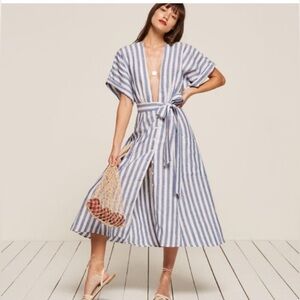 Reformation Blue White Striped Geneva 100% Linen Midi Dress Sz 0 No belt Coastal